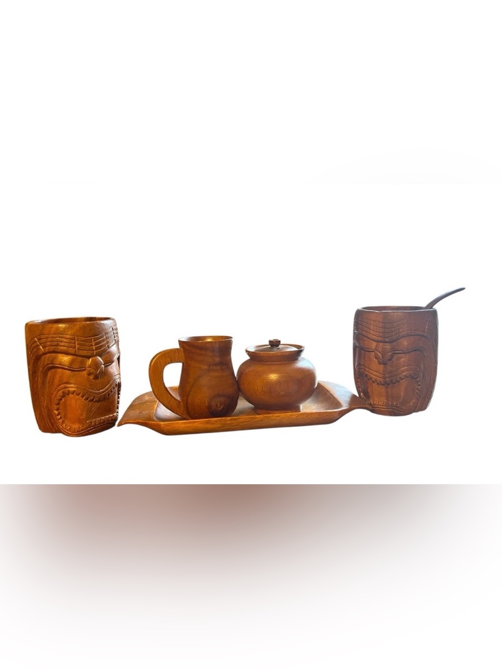 Hand Made Hand Carved Tiki Mugs, Sugar w/lid And Spoon, Creamer (Spout broke)